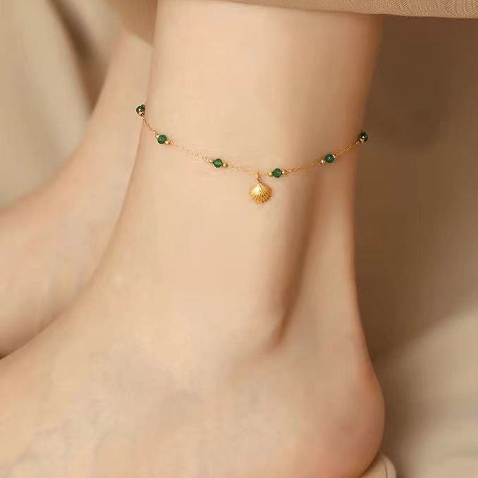 Delicate Gold Shell Anklet with Green Crystal Beads